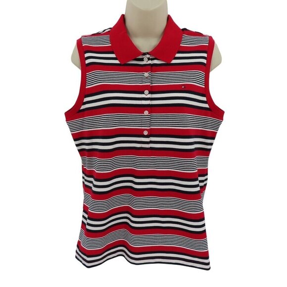 Tommy Hilfiger Women Medium Sleeveless Polo Collared Red Stripe Top Shirt NEW - Picture 1 of 10